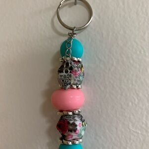 Floral Beaded Keychain with Pink and Blue Accents